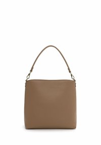 Braune Lederhandtasche mit glatter Textur, rechteckiger Form und einem einzigen Griff. Verfügt über metallische Akzente und einen Reißverschluss.