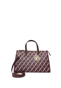 Borsa bordeaux con motivo intrecciato, hardware dorato, due manici superiori e una tracolla removibile. Presenta un charm decorativo con logo.