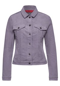 Lavendelfärgad denimjacka med krage, frontknäppning, två bröstfickor och svarta knappar, med rak passform och långa ärmar.