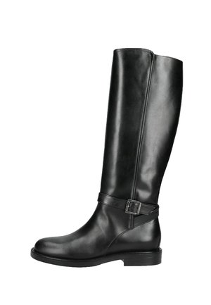 Tall black leather boot with low heel and decorative strap with metal buckle around the ankle, shown from the side on white background.