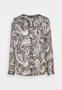 Chemisier transparent à manches longues présentant un motif cachemire noir, blanc et beige, avec une fermeture à boutons sur le devant et un ourlet arrondi.