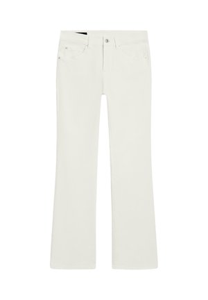 Jeans bianchi a zampa in tessuto misto cotone, con tasche anteriori, vita classica e chiusura con bottone in metallo. Texture liscia su tutta la superficie.