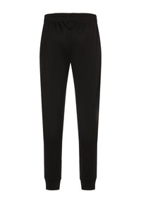 Pantalones deportivos negros hechos de tela suave, con una cintura elástica, piernas ajustadas y puños ceñidos en los tobillos. Sin patrones ni acentos.