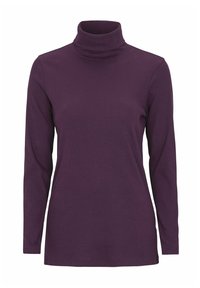 Purple turtleneck top with long sleeves, made of ribbed fabric, featuring a fitted design that extends to the hips.