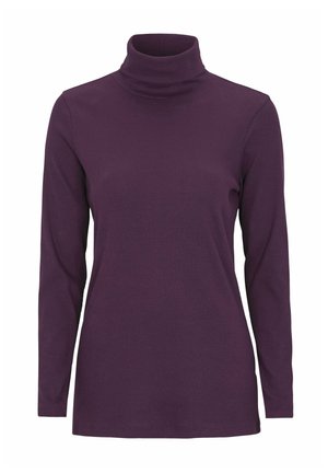 Haut col roulé violet à manches longues, fabriqué en tissu côtelé, présentant un design ajusté qui s'étend jusqu'aux hanches.