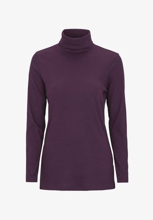 Haut col roulé violet à manches longues, fabriqué en tissu côtelé, présentant un design ajusté qui s'étend jusqu'aux hanches.