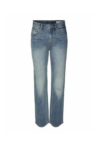 Lys blå denimjeans med rett kutt, falmet front og lite slitasje i kanten; fem lommer og subtile sømdetaljer.