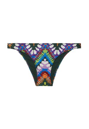 Geribbelde bikinionderkant in het groen met een meerkleurig bloemen- en geometrisch patroon. Heeft een lage taille en minimale bedekking.