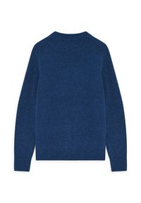 Sötétkék pulóver texturált kötött anyagból, bordás mandzsettával és szegéllyel, valamint kerek nyakkivágással. Raglán ujjakkal és letisztult hátrész kialakítással rendelkezik.