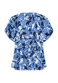 Hellblaue Bluse mit floralen Motiven, locker geschnitten, mit kurzen Ärmeln und gemustert in dunkleren Blau-, Weiß- und Hellblautönen. Strukturierter Stoff.