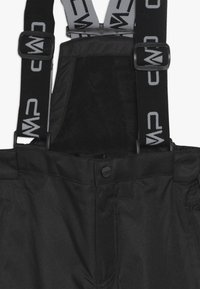 Schwarze Skihosen mit verstellbaren, kontrastierenden grauen Trägern mit Logo. Glatte Textur, Taschen mit Reißverschluss und Details aus Kunstfell.