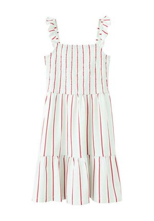Biele šaty s tenkými červenými pruhmi, nariasené živôtik, volánové ramienka a rozšírená sukňa s viacvrstvovým lemom. Bavlnený materiál.