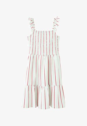 Vestito bianco con sottili righe rosse, corpetto arricciato, spalline arruffate e gonna svasata con orlo a balze. Tessuto di cotone.