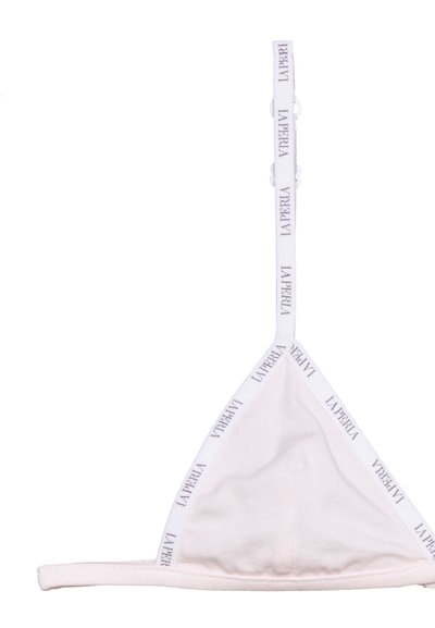 Bralette triangular rosa claro feito de tecido macio. Apresenta alças finas com o logótipo "La Perla" e um design simples e minimalista.