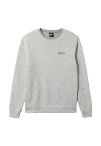 Grauer Rundhalsausschnitt Sweatshirt aus Fleece, mit langen Ärmeln und einem kleinen Logo-Patch auf der Brust. Schlichtes Design mit gerippten Säumen.