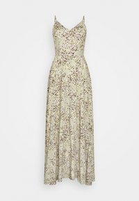 Maxikleid aus leicht grünem Stoff, mit einem floralen Muster in Lila und Weiß, dünnen Trägern und einem taillierten Oberteil, das in einen ausgestellten Rock übergeht.