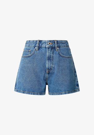 Light blue denim shorts with a high waist, four pockets, and a button closure. Distressed fabric texture and clean hemline.