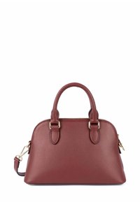 Borsa a tracolla in pelle bordeaux con forma arrotondata, doppio manico superiore, dettagli in metallo dorato e tracolla removibile. Design con superficie testurizzata.