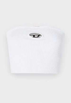 Balta ribota bandeau blūze ar emblēmu centrā, kurai ir melna kontūra un sudraba akcenti. Gluda faktūra, minimālistisks dizains.