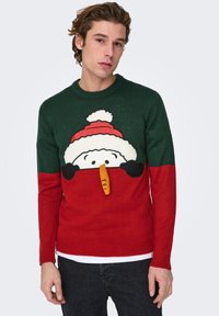 Pullover mit einem grün-roten Farbschema und einem lächelnden Schneemann-Motiv, komplett mit rotem Hut und orangefarbener Karottennase.