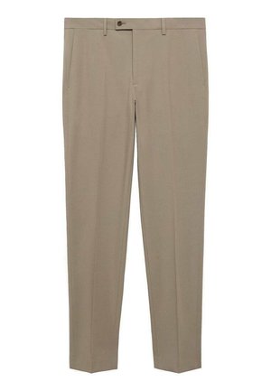 Beige Anzughose mit flachem Vorderteil, zwei Seitentaschen und einem Ein-Knopf-Verschluss. Hergestellt aus einem glatten Stoff, mit einer geraden Beinform.