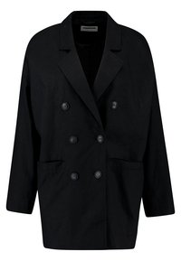 Černý dvouřadový blazer vyrobený z lnu. Obsahuje dvě přední kapsy, klopové límce a černé knoflíkové zapínání s uvolněným střihem.