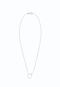 Silver necklace with a fine chain, featuring a circular pendant. The clasp is lobster style, providing a secure fastening.