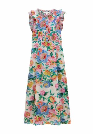 Ärmelloses Blumenmuster-Kleid mit gerüschten Schultern, Knopfleiste vorne und Taillennähten, mit bunten Blumenmustern in Pink, Blau, Gelb und Grün.