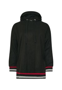 Svart hoodie med en strukturerad mönster, utrustad med en justerbar huva och randiga detaljer i röd, grå och svart vid ärmsluten och nederdelen.