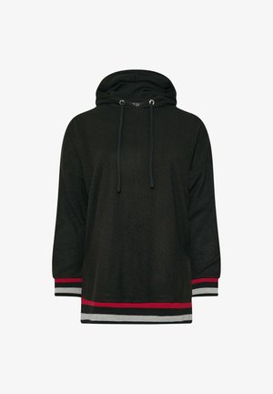 Czarna bluza z kapturem o teksturowanym wzorze, z kapturem na sznurki i paskami w kolorze czerwonym, szarym i czarnym przy mankietach i dolnej części