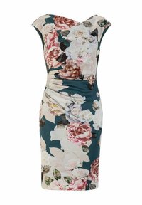 Abito floreale con sfondo teal, maniche a cappuccio e dettagli arricciati nella parte anteriore. Realizzato con un tessuto morbido che mette in mostra grandi motivi di rose in rosa e bianco.