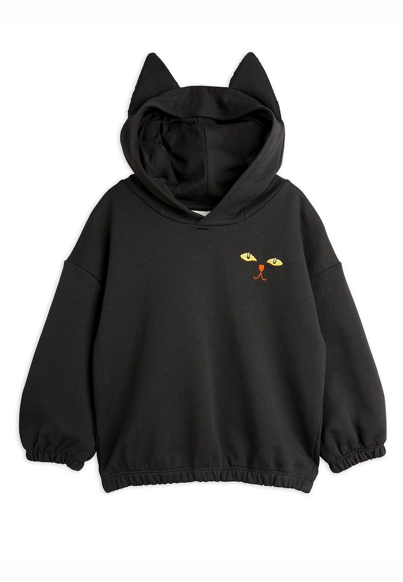 Sweat à capuche noir avec des oreilles de chat sur la capuche et des yeux de chat jaunes brodés ainsi qu'un nez orange sur la poitrine, poignets et ourlet élastiques.