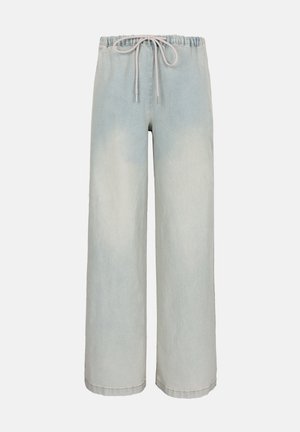 Light blue wide-leg denim pants with elastic waistband and drawstring closure, front view on plain background.
