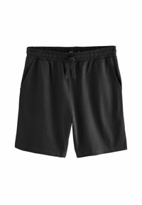 Pantaloni scurți negri dintr-un material moale, cu un tiv elastic și șnur ajustabil, și două buzunare laterale.