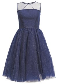 Navy blue dress with a fitted bodice, sheer mesh neckline, and a full tulle skirt adorned with glitter. Features crisscross straps on the back.