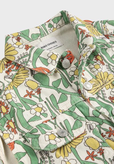 Koszula na guziki z kołnierzykiem w kwiatowy wzór w żółte, zielone i pomarańczowe kwiaty, oznaczona marką "Bobo Choses" dla dzieci w wieku 4-5 lat, 110 cm.