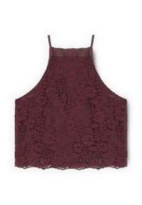 Vinröd spetscrop top med hög halsringning, tunna band och dragkedja bak. Blommönster med vågig fåll. Mjuk textur.
