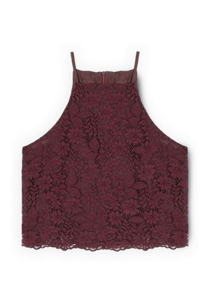 Bordeauxrotes Spitzen-Crop-Top mit hohem Kragen, dünnen Trägern und Reißverschluss am Rücken. Florales Muster mit wellenförmigem Saum. Weiche Textur.