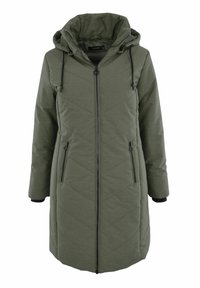 Long manteau matelassé vert olive avec capuche, fermeture éclair à l'avant et deux poches zippées. Caractéristiques en tissu texturé et poignets élastiques.