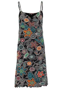 Robe noire à bretelles spaghetti avec de grands motifs floraux et feuillus colorés en orange, vert, bleu, rouge et blanc.