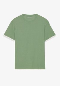 T-shirt vert à manches courtes avec un design tricoté texturé. Accents blancs aux poignets et au col. Col rond, coupe décontractée.