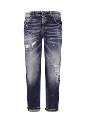 Dunkelblaue, ausgewaschene Jeans aus Denim mit abgenutzten Details, Farbklecksen und aufgerollten Bündchen.