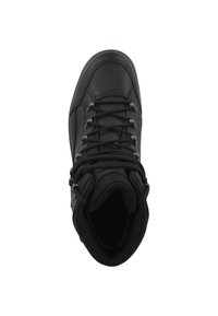 Schwarzer Wanderstiefel mit einem Obermaterial aus Leder, verstärkter Zehenkappe, strukturierter Stoffauskleidung und Metallösen für die Schnürsenkel. Hochschnitt-Design mit gepolstertem Schaft.