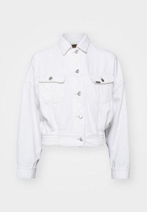 White denim cropped jacket with long sleeves, two chest pockets, silver buttons, and elasticized hem. Smooth texture with a classic collar design.