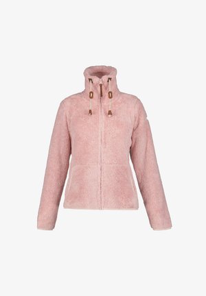 Różowa polarowa kurtka z wysokim kołnierzem, przednim zamkiem, dwoma kieszeniami i dekoracyjnymi sznurkami. Miękka tekstura i ciepły design idealny do noszenia na warstwy.