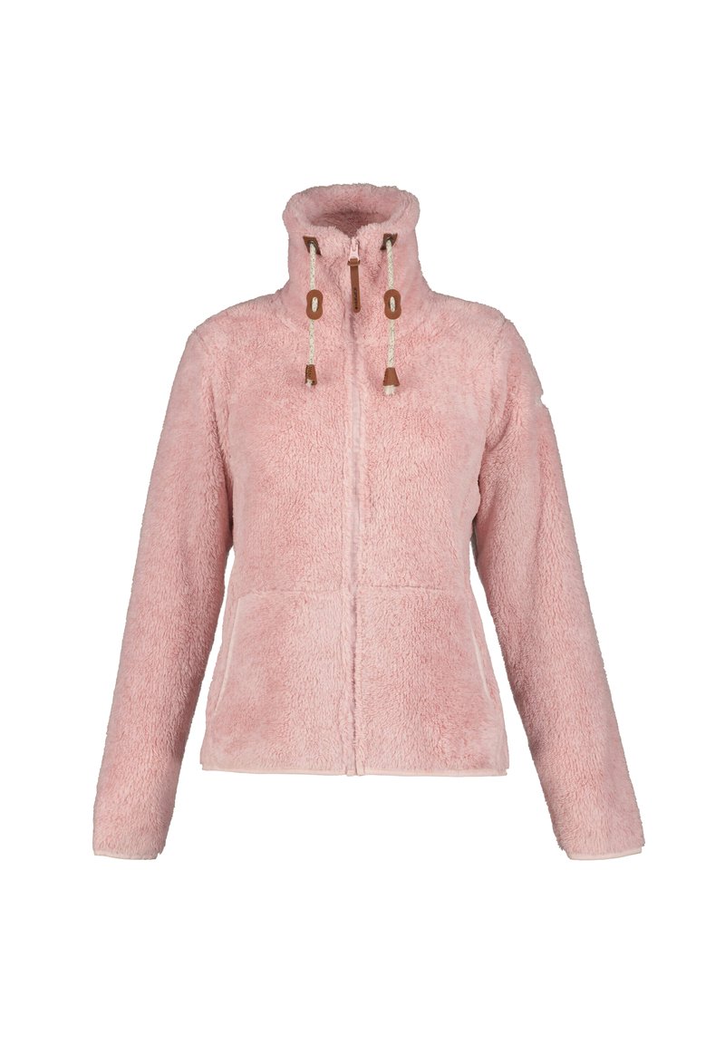 Giacca in pile rosa con colletto alto, zip frontale, due tasche e lacci decorativi. Morbido al tatto e design caldo, adatta per essere indossata a strati.