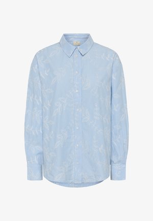 Hele sinine pikkade varrukatega nööbitav triiksärk, millel on valged lillemustrid ja õhukesed vertikaalsed triibud, klassikalise krae ja nööbitavate mansettidega.