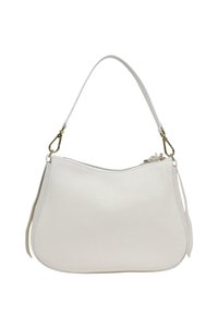 Hvid læder skuldertaske med gyldne låse, en buet lynlås øverst og en aftagelig rem.