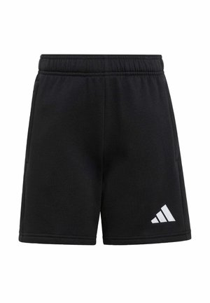 Sorte atletikshorts med elastisk taljebånd og hvid Adidas-logo på nedre venstre side, vist forfra på hvid baggrund.