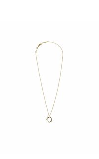 Goldene Halskette mit einer dünnen Kette und einem runden, strukturierten Anhänger, der in der Mitte hängt. Der Anhänger hat eine verdrehte, organische Form.